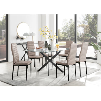 Lenworth Modern Black Metal and Glass Dining Table Set with 6 Upholstered Dining Chairs