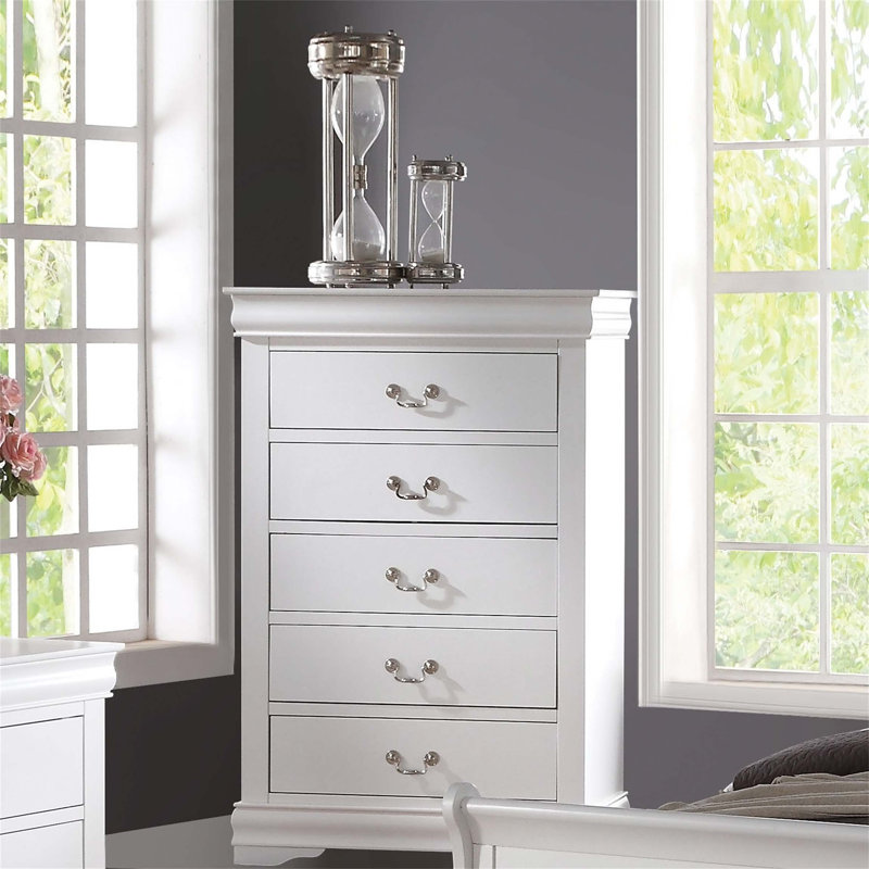 Commode 5 tiroirs avec poignée en métal, Blanc