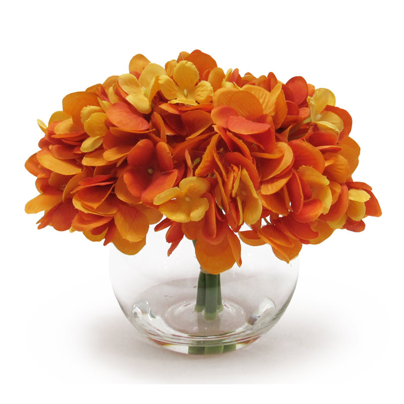 Centres d'hortensias dans un vase, Orange