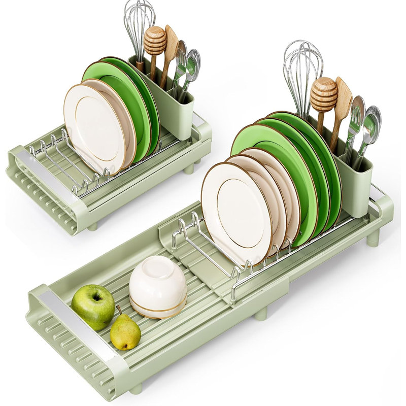 Égouttoir à vaisselle extensible et peu encombrant, mini égouttoir gris-vert pour comptoir, format compact adapté à l'évier ou au comptoir, en acier inoxydable