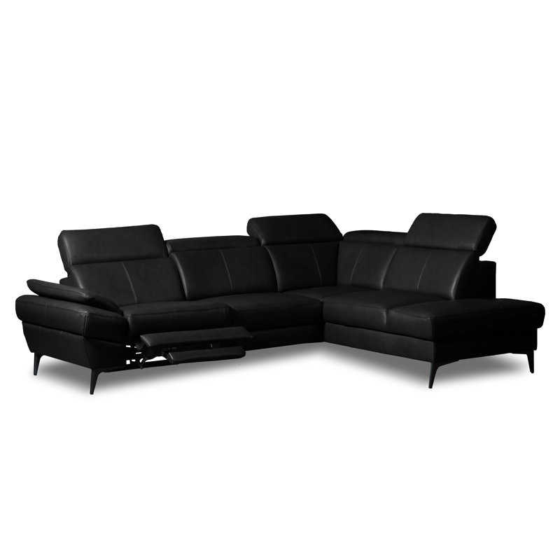Genuine Leather Reclining Corner Sofa with Adjustable Headrests and Adjustable Armrest and Storage, Right Hand Facing, Black