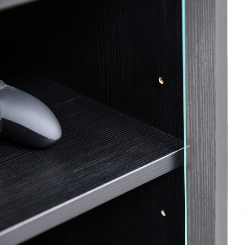 5 armoires console. Noir vieilli, portes en verre trempé, tablettes réglables. Peut accueillir un lecteur, un récepteur, une console de jeu, un ordinateur portable et des livres. Disposer les câbles avec des tablettes et des câbles