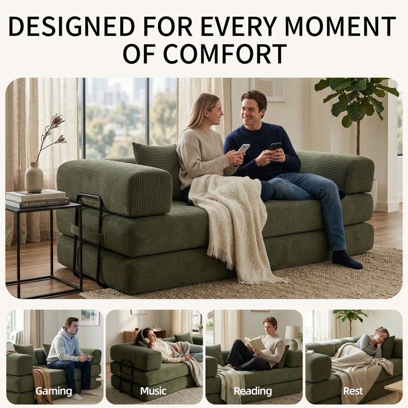 Boneless 5-in-1 Convertiable Sofa Bed, 76.4" Wide Boneless Couch with Removable L-Shaped Armrests, King Size Floor Sleeper for Small Space Apartment, Living Room and Bedroom