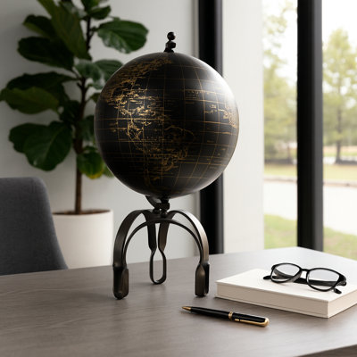 Globe Decorative Object for Home Decor – Modern Sculpture with Unique Metal Stand – Figurine for Shelf Styling, Coffee Table Decor, or Decorations for Living Room and Kitchen Decor, Black/Gold