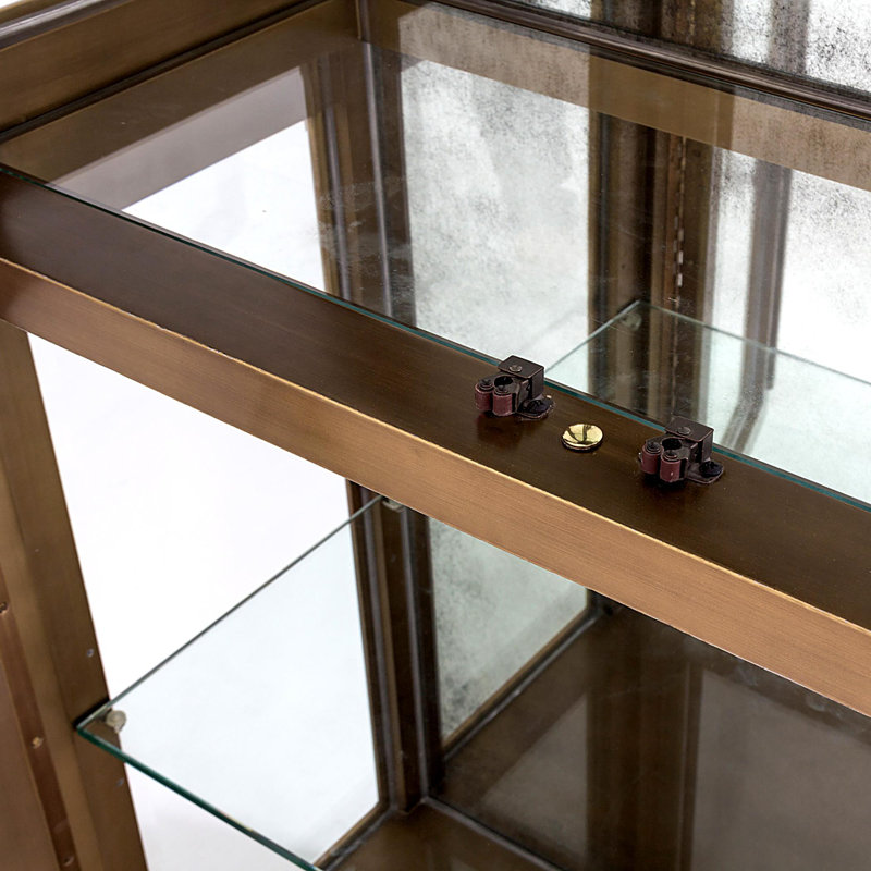 Lighted Poplar and Dark Brass China Cabinet with Glass Shelves