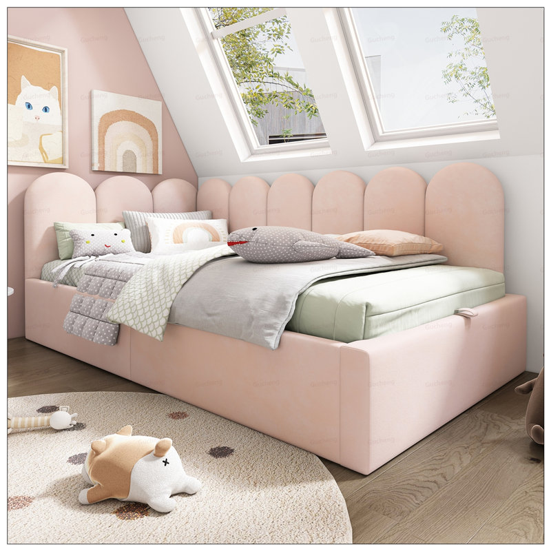 Upholstered Daybed with Hydraulic Storage, Twin Size, Velvet Fabric, Metal Slatted Frame, Space-Saving Design, Pink
