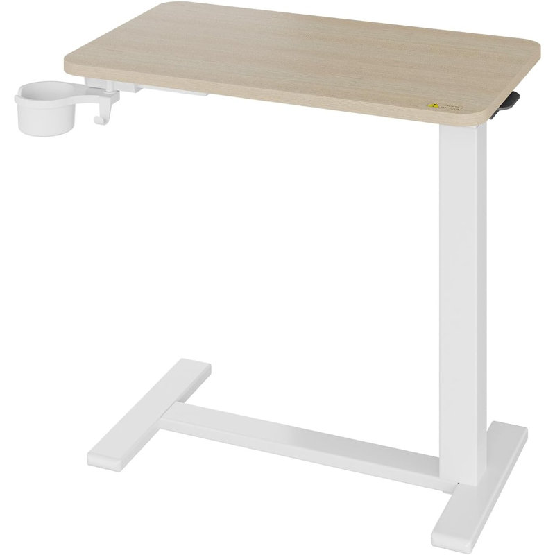 Table de lit à hauteur ajustable - Siège pneumatique avec table de chevet - Table mobile avec porte-gobelet, plateau en bois et structure en acier - Polyvalent pour lit, canapé, bureau - Bois naturel