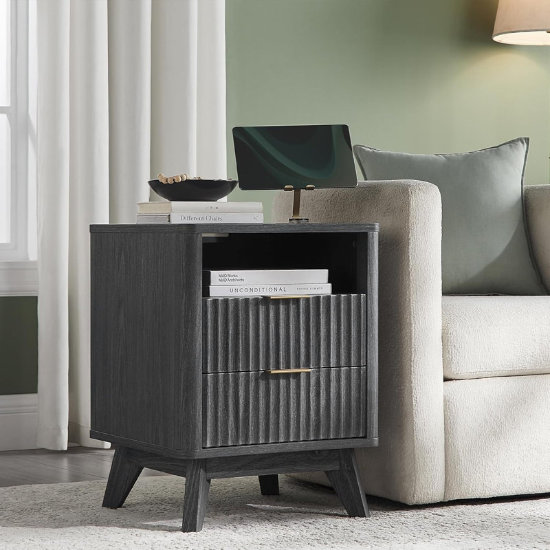 Set Of 2 Fluted Nightstands With Built-In Charging Station & Storage, Dark Alder