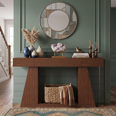 60 Inch Console Table with Power Outlet Modern Sofa Table Behind Couch Entryway Foyer Table with Side Storage Compartment and Slatted Bottom Shelf