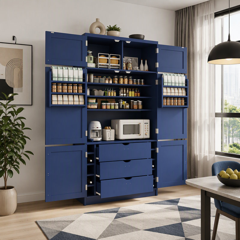 Freestanding Kitchen Pantry Cabinet, Integrated Power Outlets, Adjustable Shelving & Wine Rack, Contemporary Style, Dining & Living Room