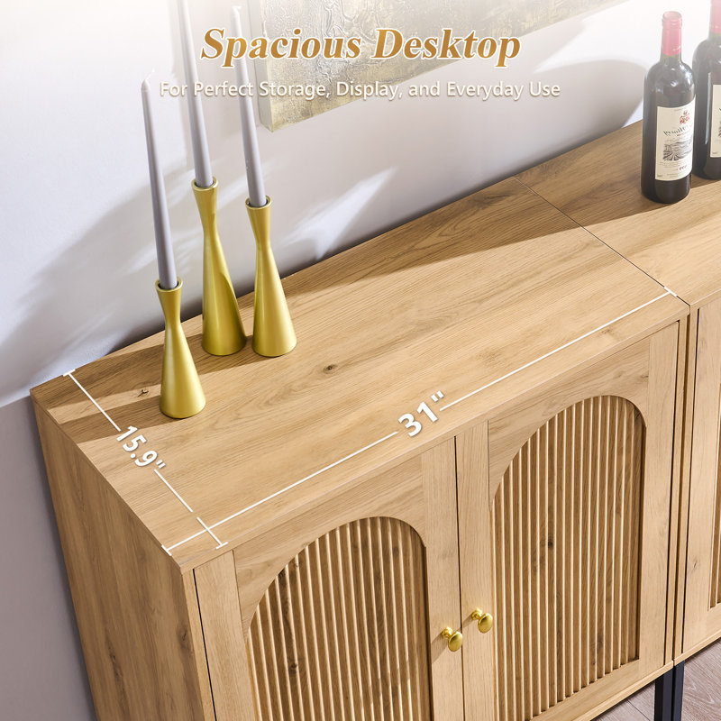 Armoire autoportante moderne en bois cannelé avec tablettes réglables de 34 po de hauteur avec rangement, Natural