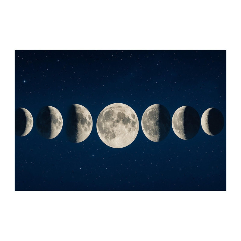 Moon Phases Wall Mural, Peel and Stick Lunar Cycle Wallpaper, Original Deep Blue Starry Sky Art for Bedroom, Nursery and Classroom, 65"W x 96"H