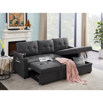 Canapé-lit modulaire en tissu de lin gris foncé de 83 po avec porte-gobelet, port de chargement USB et poche