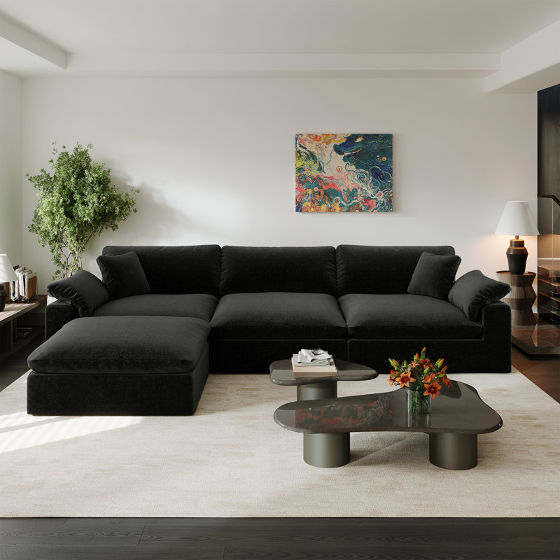 Upholstered Sectional Sofa, Cloud Couch Modular Sofa Deep Seat Couch for Living Room Bedroom, Black