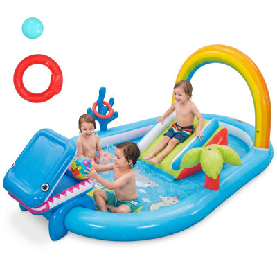 Centre de jeu gonflable 6-en-1 avec glissade d'eau, deux jets d'eau et une fosse à balles - parc aquatique d'été et centre d'activités d'intérieur pour les tout-petits et les enfants