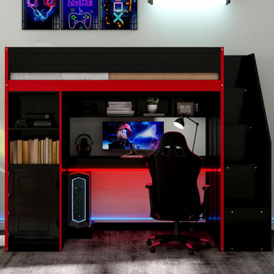 Lit mezzanine avec bureau et rangement, lumières DEL, double Gaming