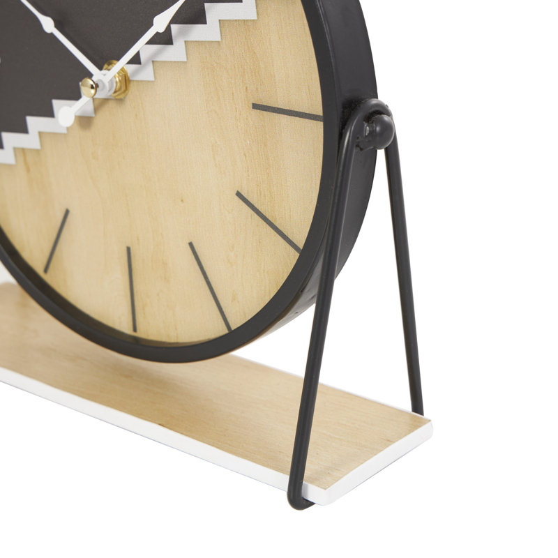 Wooden Geometric Decorative Black Clock with Brown Wood Accents