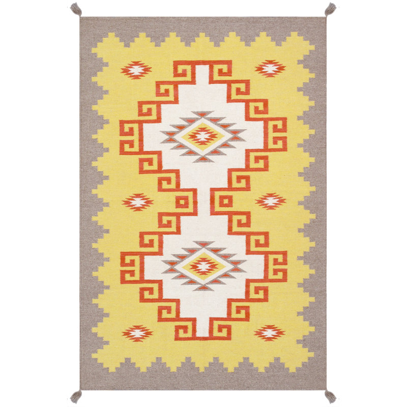 Tapis jaune / moka en laine tissé à plat à la main à motif rectangle 3 pi 11 po x 6 pi Tuscany