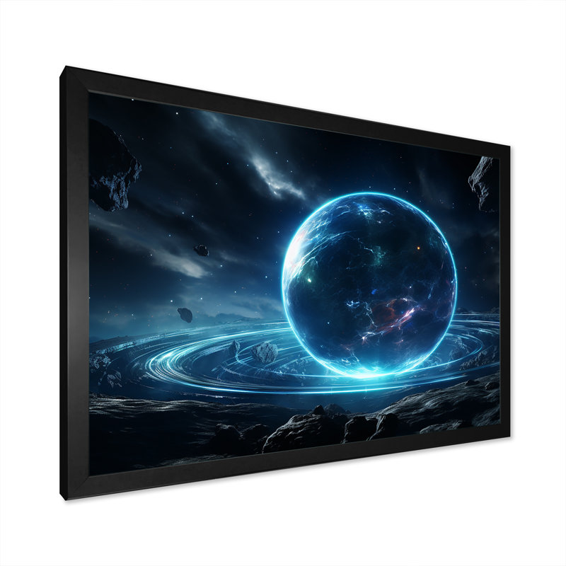 Art mural bleu et noir «Cosmic Plaet I», Cadre flottant doré, H 24 po x l 32 po x P 1 po