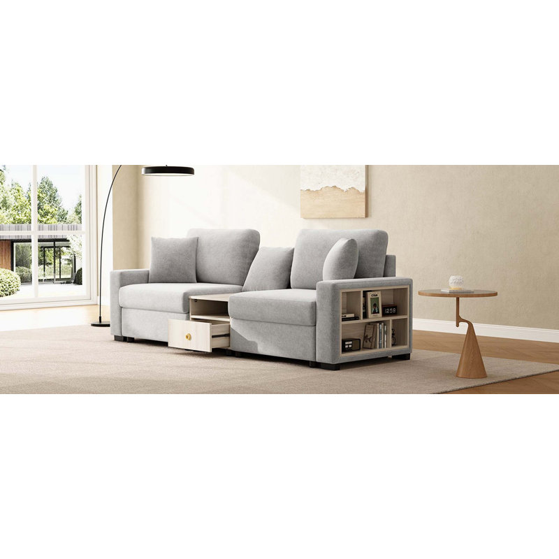 Modular Large Size Upholstered Sofa with Storage Armrest and Centre Console for Living Room, Grey Chenille, 95.7" W