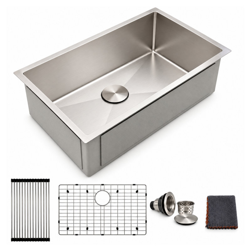 30" Lx18" W Undermount 16 Gauge Stainless Steel Single Bowl Kitchen Sink with Accessories, Stainless Steel