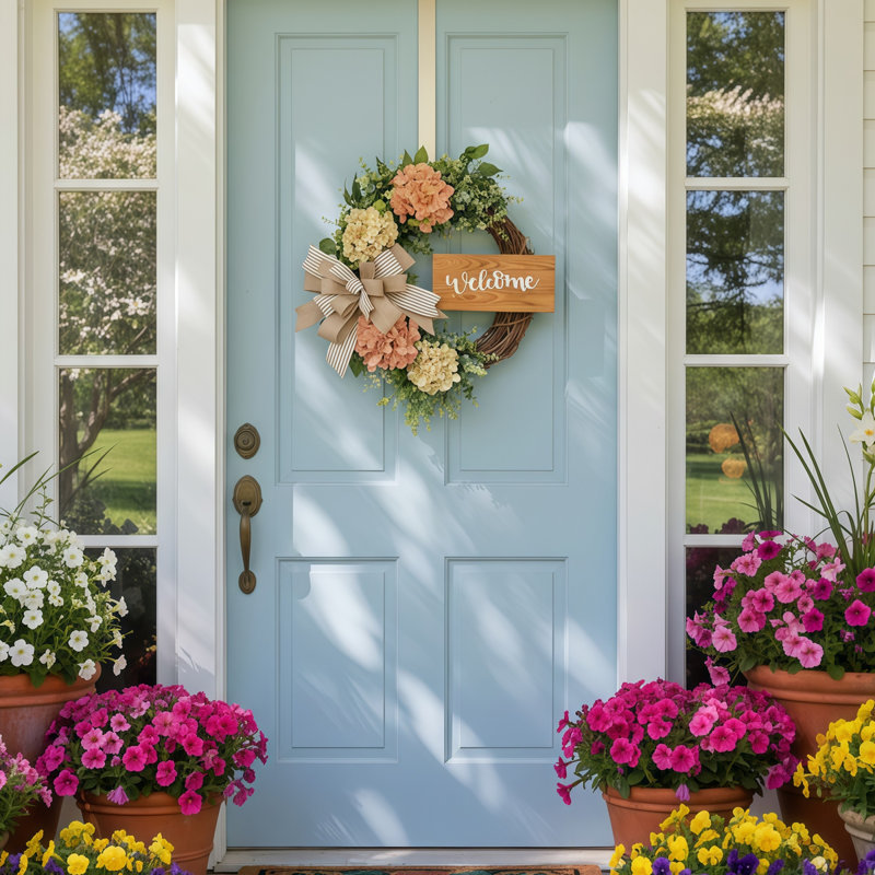 Couronne d'hortensia printanière de 17,7 pouces avec signe «Welcome» et décoration de nœud, convient à la porte d'entrée, au mur, au foyer, à la table de salle à manger, aux fêtes de mariage et à une utilisation intérieure / extérieure