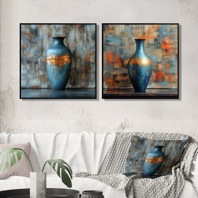 «Golden Blue Celestial Pottery Dreams I - Boho Pottery», art mural traditionnel 2 pièces