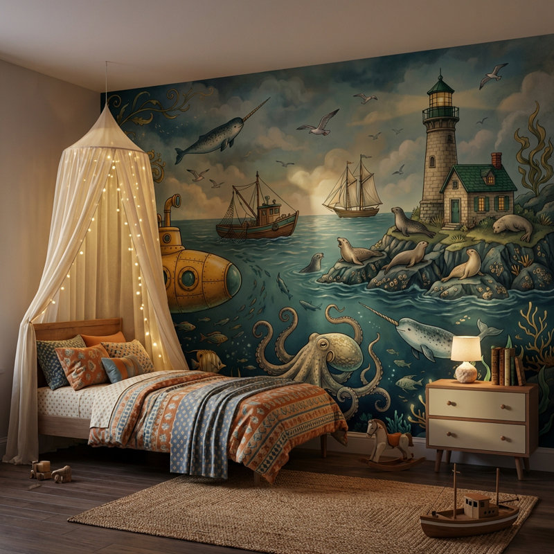 Papier peint sous-marin avec phare sous-marin, 100 po x 96 po, Non tissé