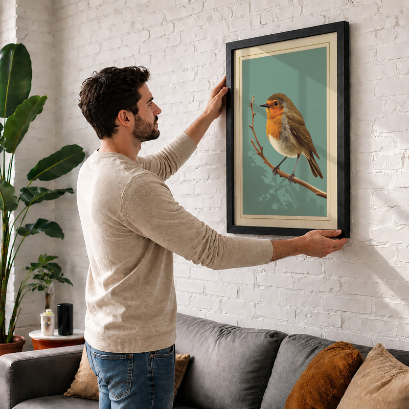 Perched Robin Botanical - Framed Print, A2 - 59.4 x 42.0 cm, White