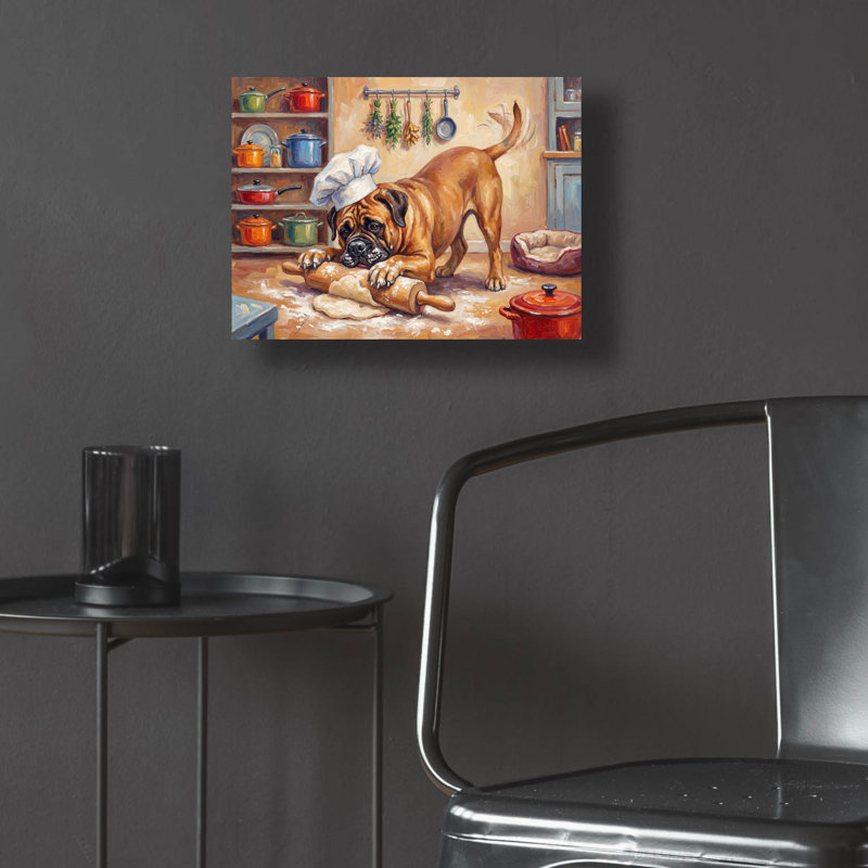  «Bullmastiff In The Kitchen» par Rich Monet, art mural en verre acrylique, 16 po x 12 po, H 12 po x l 16 po