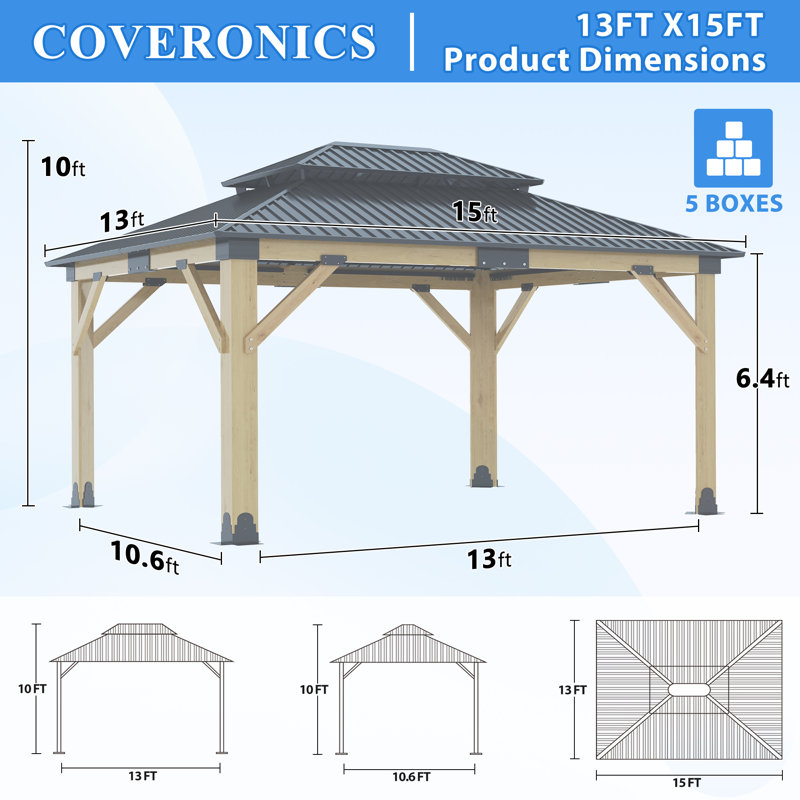 15 ft. W x 13 ft. D Outdoor Cedar Wooden Gazebo with Galvanized Steel Hardtop Double Roof, 10.1' H x 15' W x 13' D