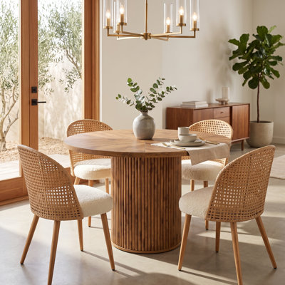 4-Piece Modern Dining Set with 42'' Round Table, Hidden Storage Pedestal & 4 Natural Cane Boucle Chairs