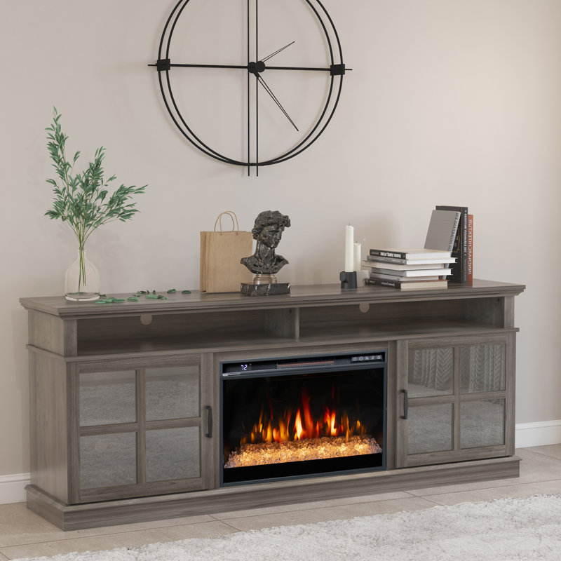 Anoushka TV Stand for TVs up to 78" with Electric Fireplace Included, Glass door, Gray