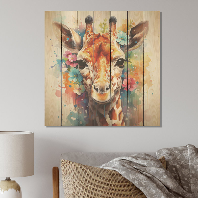 Portrait de girafe à fleurs colorées - girafe sur bois, H 15 po x l 15 po