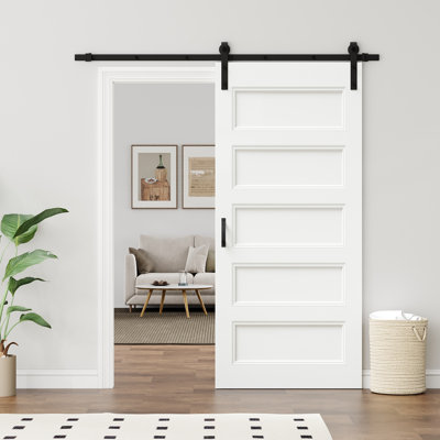 80"H 5 Panel Waterproof White Primed Solid Core Composite MDF Wood Sliding Barn Door with Hardware Kit