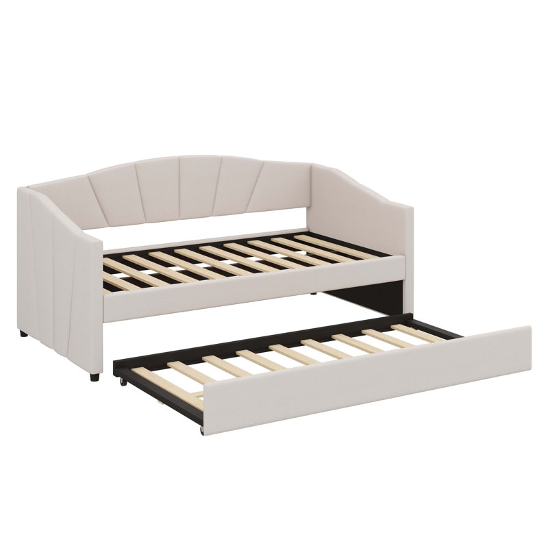 Twin-Size Upholstered Sofa-Style Daybed With Under-Bed Trundle, Beige