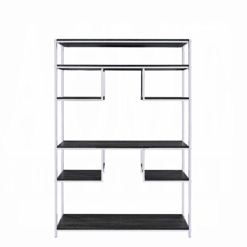 Bibliothèque à 8 tablettes en chêne gris rustique et - système de support géométrique moderne, structure en métal, tablettes en bois réglables pour le salon,