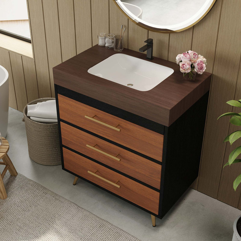 Meuble-lavabo autoportant Modern Farmhouse avec vasque en céramique et plateau en pierre frittée, Noir / brun, Noyer
