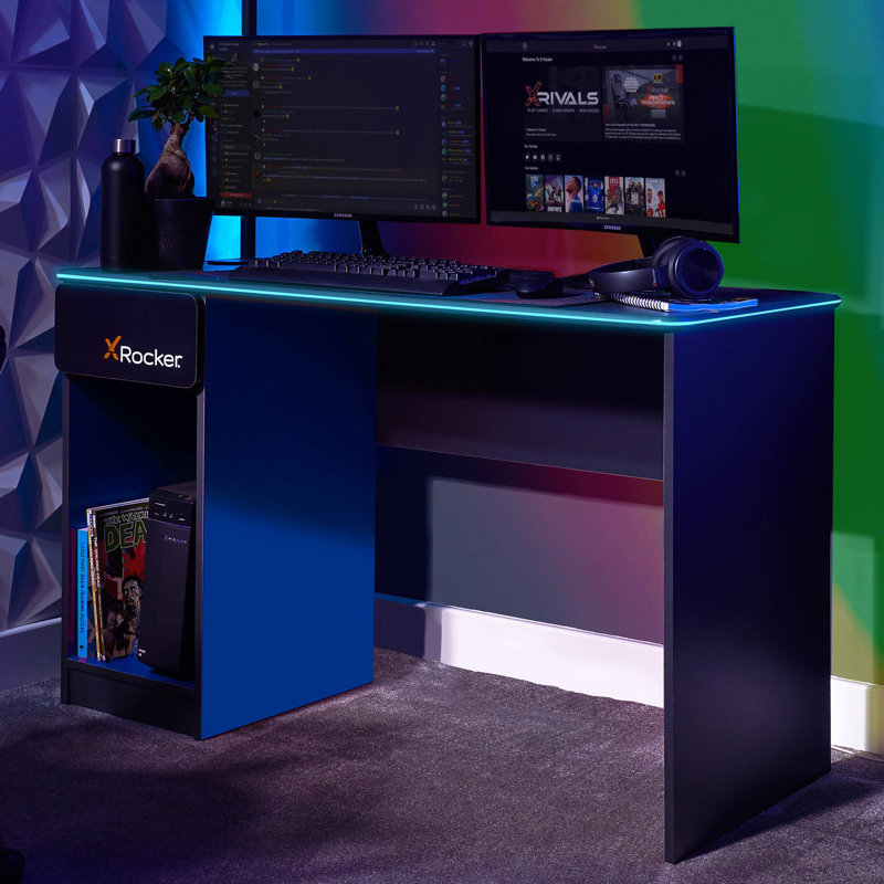X Rocker Carbon-Tek 120cm LED Gaming Desk with Wireless Charging - Grey / Blue RGB