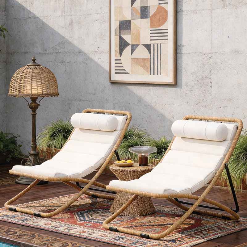 2-Pieces Outdoor Folding Rattan Chair with Adjustable Backrest, Thick Cushion, and Detachable Headrest for Poolside, Beach, and Camping