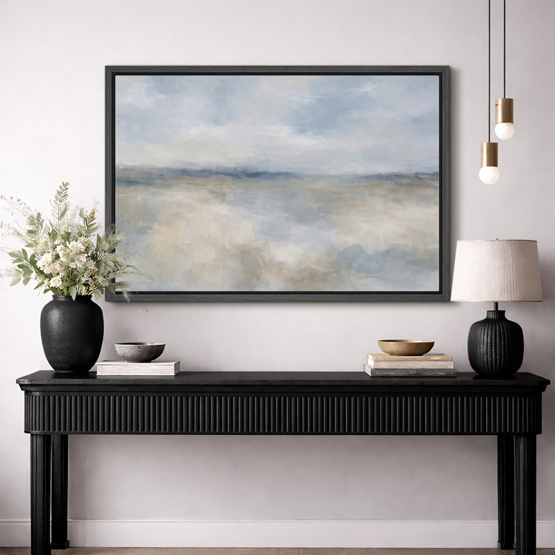Soft Blue Beige Abstract Sky Landscape Artwork, Minimalist Living Room Pictures, Framed Canvas Giclee Print Wall Art