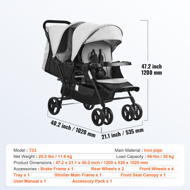 Poussette double pliable légère, Noir / gris clair