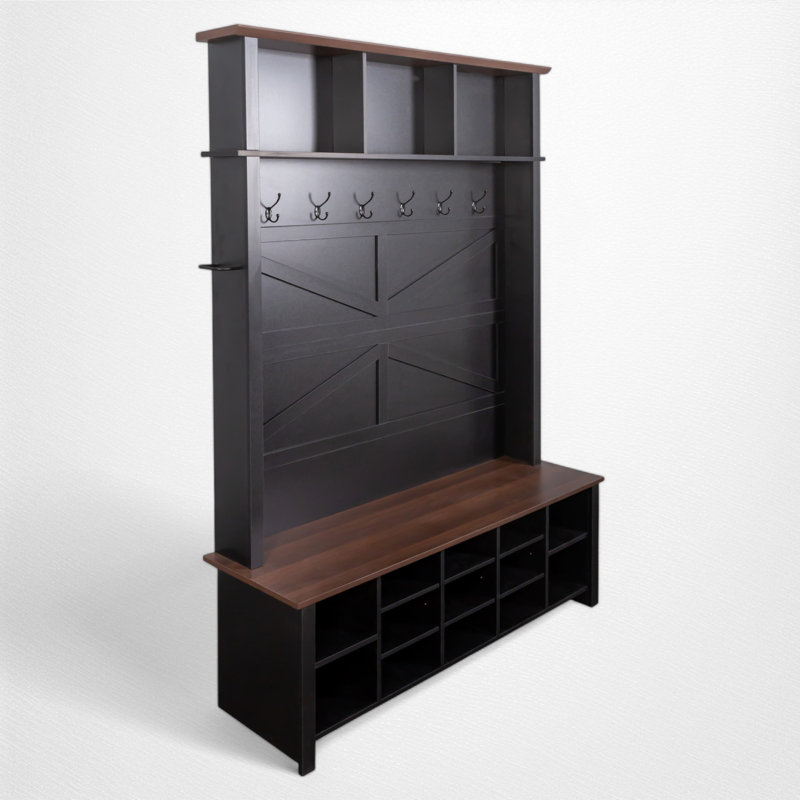 Hall Tree 56.3" Wide With Bench And Shoe Storage, Black