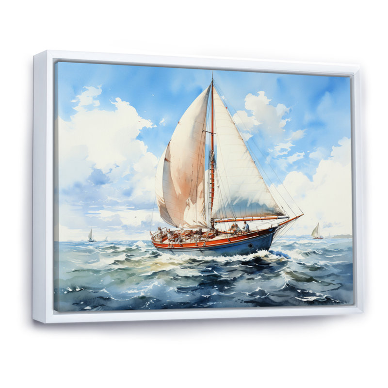 Voilier dans le vent II sur toile, H 16 po x l 32 po, Cadre flottant blanc