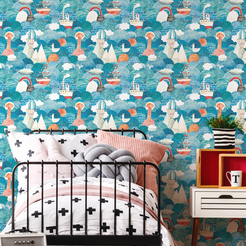 Hoopla Walls Ships Ahoy! Aqua & Coral 10m Wallpaper