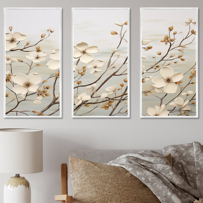 «White Dogwood Blossom Harmony II», ensemble d'art sur toile de cornouiller, Cadre flottant blanc, H 28 po x l 36 po x P 1 po