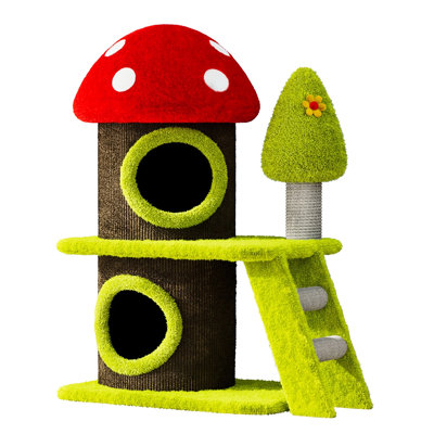 30.7" Indoor Cat Tree With Mushroom - Themed House And Scratching Posts, Great For Multi Homes In Compact Living Areas, Space Saving, Black + Modern Tower Suitable Households, Build