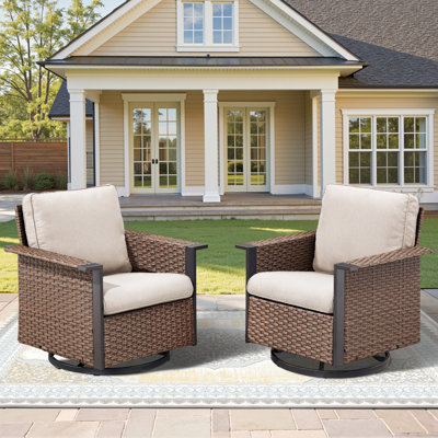 Outdoor Swivel Rocking Brown Wicker Chairs Set Of 2, Wide Armrest Patio Glider Chairs With Beige Cushions For Porch Or Deck