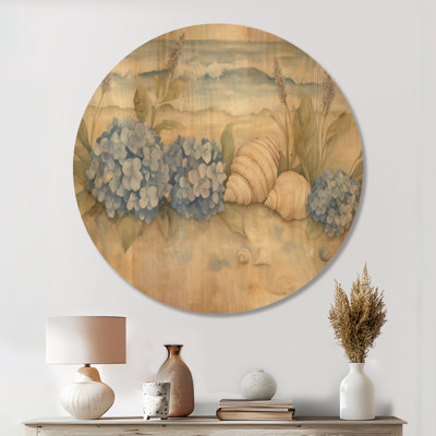 Hortensias au bord de la mer - Décoration murale ronde en bois de style côtier