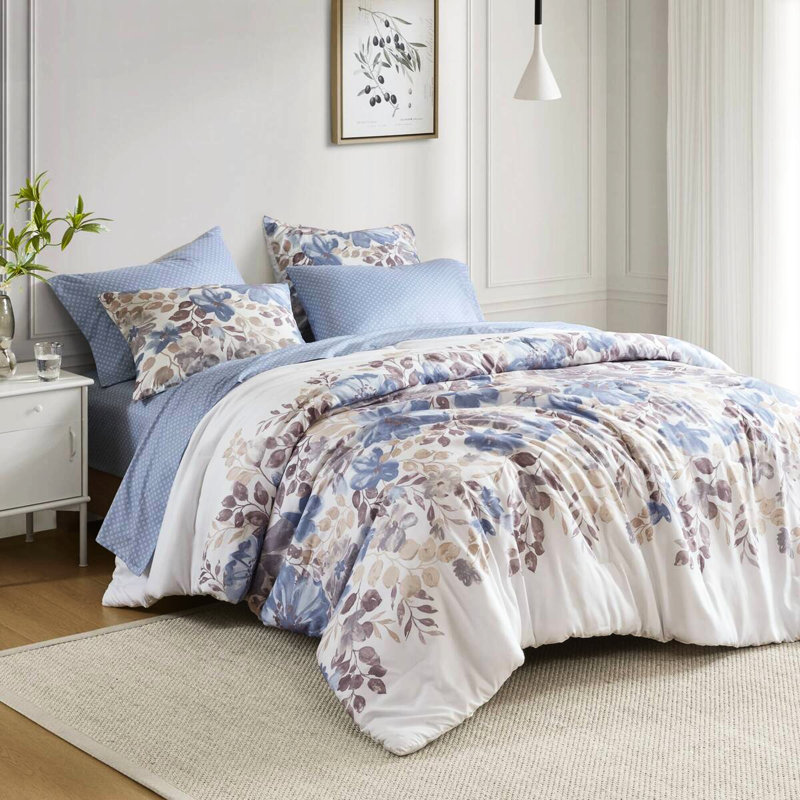 Édredon bleu floral et drap pour lit simple, lavable à la machine en grande capacité pour lit simple avec draps, aspect élégant